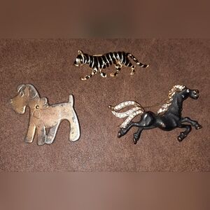 Trio of animal brooches goldtone black rhinestone encrusted